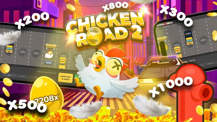Promotiebeeld van Chicken Road 2 met de kip, een rode brandkraan en multipliers in een neonstad