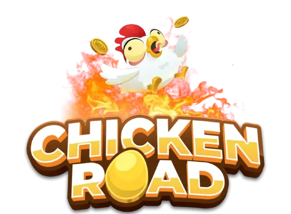 Logo van het eerste deel, Chicken Road, met een kip boven vlammen