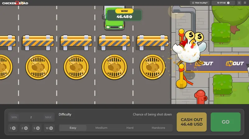 Volledig spelscherm van Chicken Road 2: rijbanen met putdeksels, de kip aan de stoeprand en onderaan inzet, niveaus en de Cash out-knop